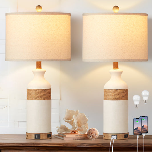 White resin table lamp Touch dimming switch USB & Type-C ports AC outlet No strobe (Set of 2)