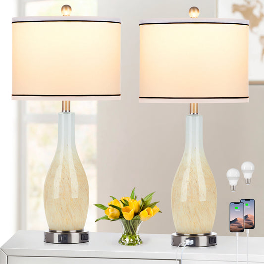 2-in-1 table lamp with nightlight. Nattierblue glass vase style body. Charging port & AC outlet. Drum shade, touch switch (Set of 2)