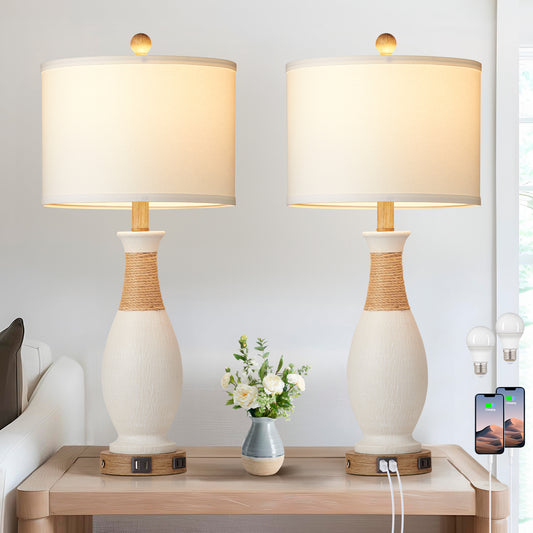 White Resin Table Lamp with Gooseneck, Touch Dimming, USB & Type C Ports, AC Outlet, No Strobe (Set of 2)