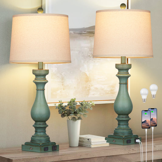 Table lamps with green resin, universal USB Type - C charging ports and AC outlet (Set of 2)
