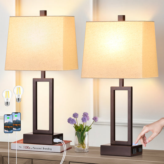 Black Matte Metal Table Lamp with Beige Shade, Equipped with USB Type-C Charging Ports and AC Outlet (Set of 2)