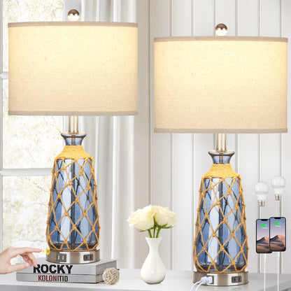 Deep Blue Bubble Glass Table Lamp with Dual USB Charging Ports, AC Outlet, Touch 3-Way Dimming Switch and No Strobe (Set of 2))