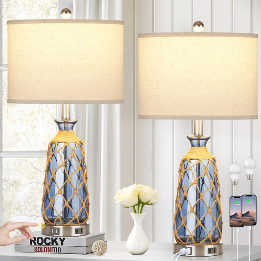 Deep Blue Bubble Glass Table Lamp with Dual USB Charging Ports, AC Outlet, Touch 3-Way Dimming Switch and No Strobe (Set of 2))