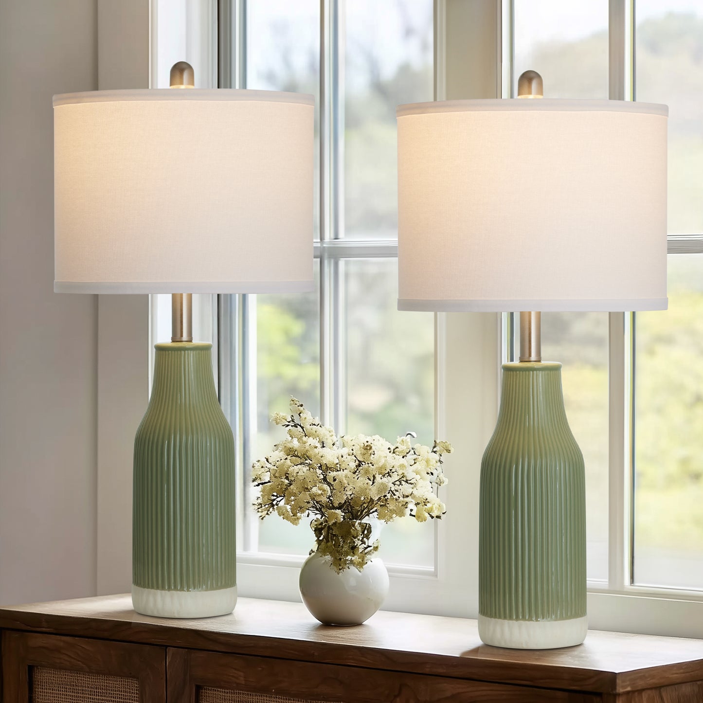 Cinkeda 24.5" Ceramic Table Lamps Set of 2 with Rotary Switch, Modern Farmhouse White Glaze & Drum Shade for Bedroom Living Room