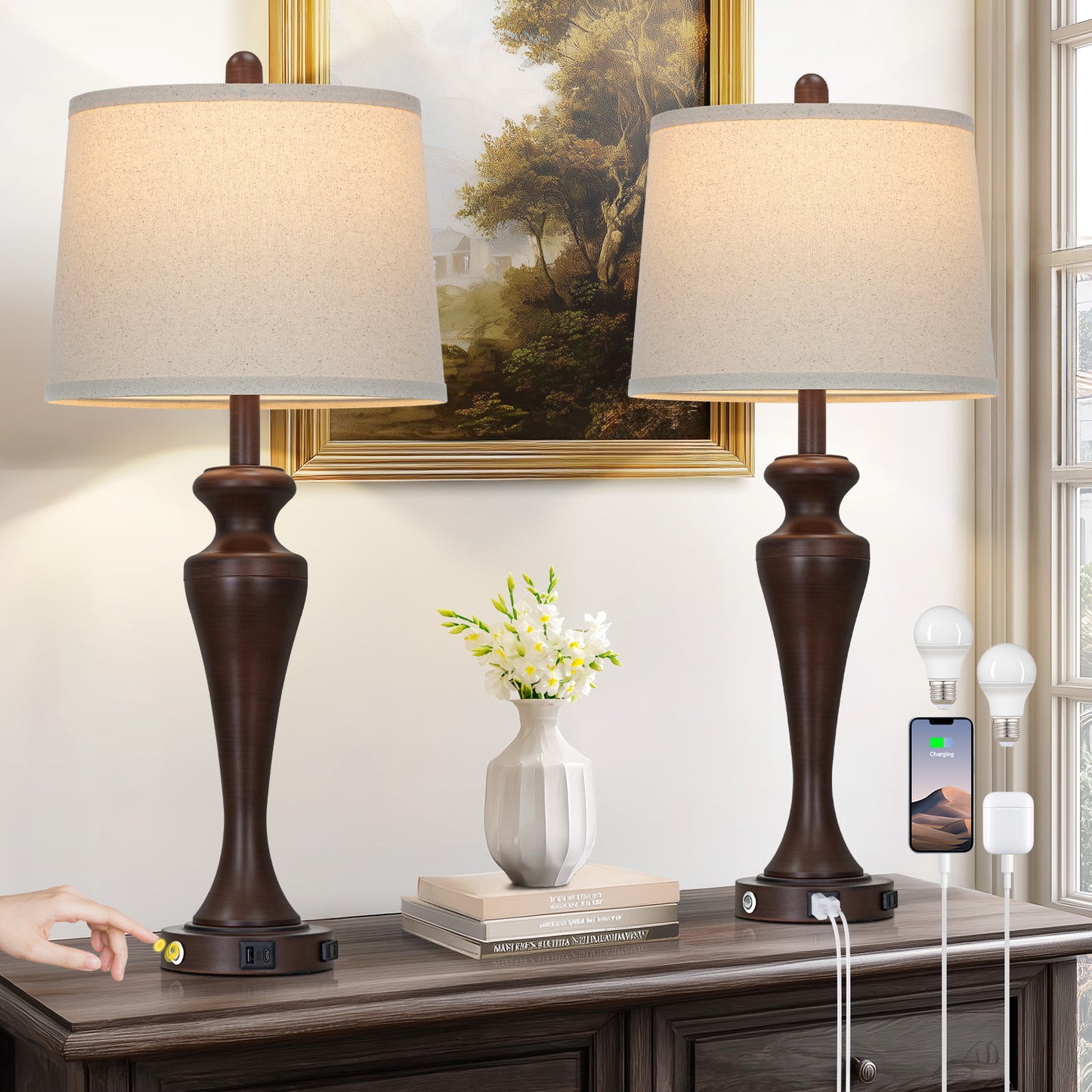 30" Classic Table Lamp, Brown Base with USB/Type-C & AC Outlet, Linen Shade, E26 Dimmable LED Bulb Included, 3-Way Touch Switch for Bedroom/Living Room(Set of 2)（副本）（副本）