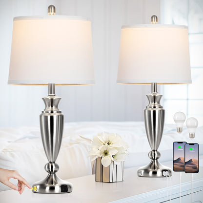 Cinkeda Table Lamps Set of 2 for Bedroom Living Room 27" Tall Silver Industrial Bedside Lamp with USB +C Charging Ports Modern 3-Way Dimmable Touch Control Nightstand Lamp