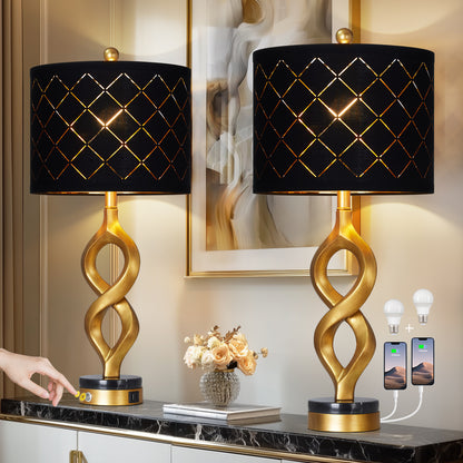 Cinkeda Modern Table Lamp Set of 2 with USB A+C Ports for Bedroom Living Room,Resin Nightstand 3-Way Dimmable Touch Bedside Lamp