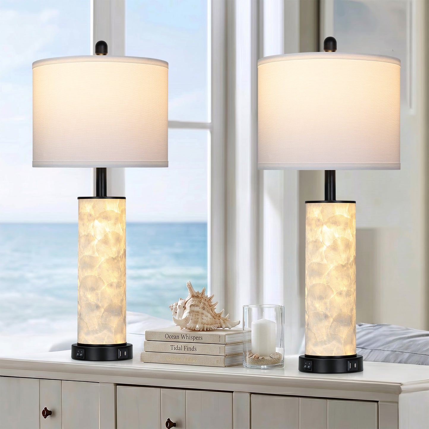 Cinkeda 29" Seashell Table Lamp Set of 2, Coastal Bedside Nightstand Lamps with USB A+C Ports & Dual Night Light, LED Bulbs Included for Living Room(Black)