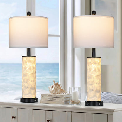 Cinkeda 29" Seashell Table Lamp Set of 2, Coastal Bedside Nightstand Lamps with USB A+C Ports & Dual Night Light, LED Bulbs Included for Living Room(Black)