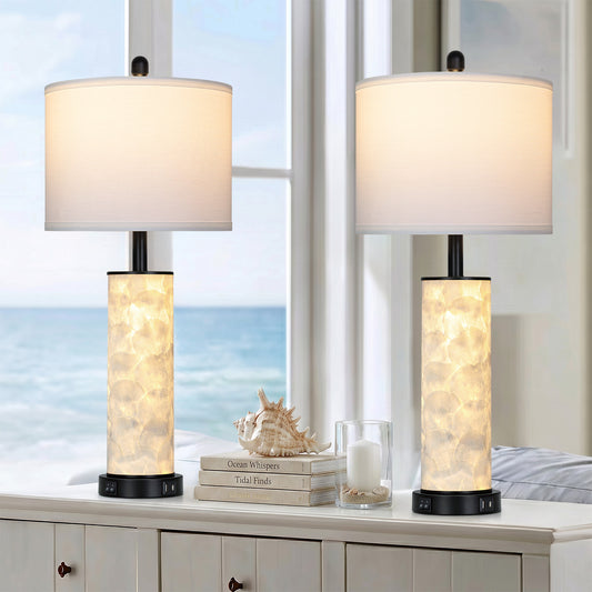 Cinkeda 29" Seashell Table Lamp Set of 2, Coastal Bedside Nightstand Lamps with USB A+C Ports & Dual Night Light, LED Bulbs Included for Living Room(Black)