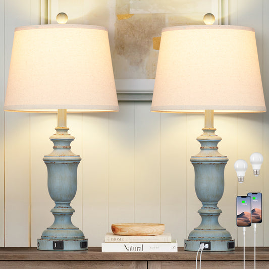 Blue resin tilted drum shade table lamps with a 3 - way touch dimming switch, USB Type - C charging ports and an AC outlet (Set of 2)