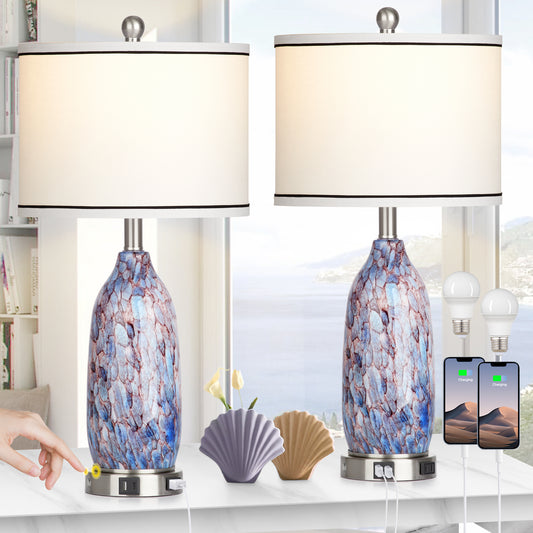 2-in-1 table lamp with nightlight. Indigo glass body. Charging ports & AC outlet. Drum shade, touch dimming switch (Set of 2)