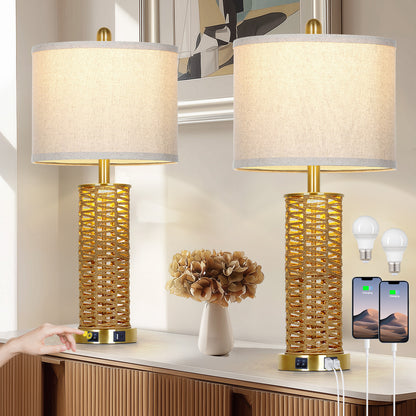 Cinkeda 27" Rattan Woven Table Lamps Set of 2, Boho Bedside Lamp with Dual Rocker Switches & Night Light, USB A+C Ports & Gold Finish for Farmhouse Bedroom Living Room