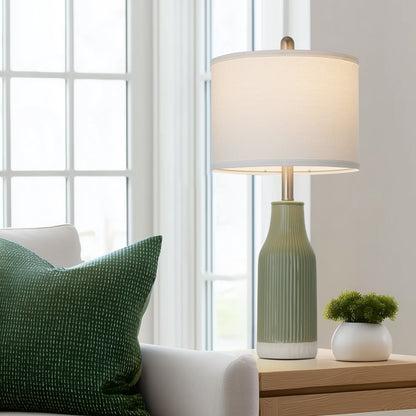 Cinkeda 24.5" Ceramic Table Lamps Set of 2 with Rotary Switch, Modern Farmhouse White Glaze & Drum Shade for Bedroom Living Room