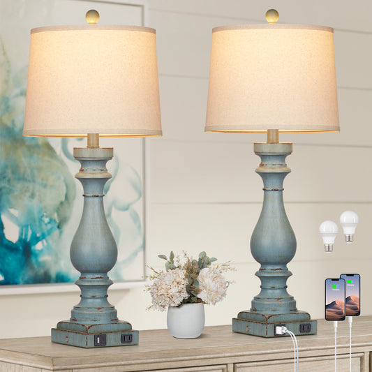 Blue Resin Drop Style Table Lamp with Tilted Shade, featuring 3-Way Dimming Touch Switch, USB Type C Charging Ports and AC Outlet, and No Strobe (Set of 2)