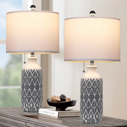Grey-White Ceramic Table Lamp Boasts Pull Chain Switch, Non-Slip Mat and No Strobe