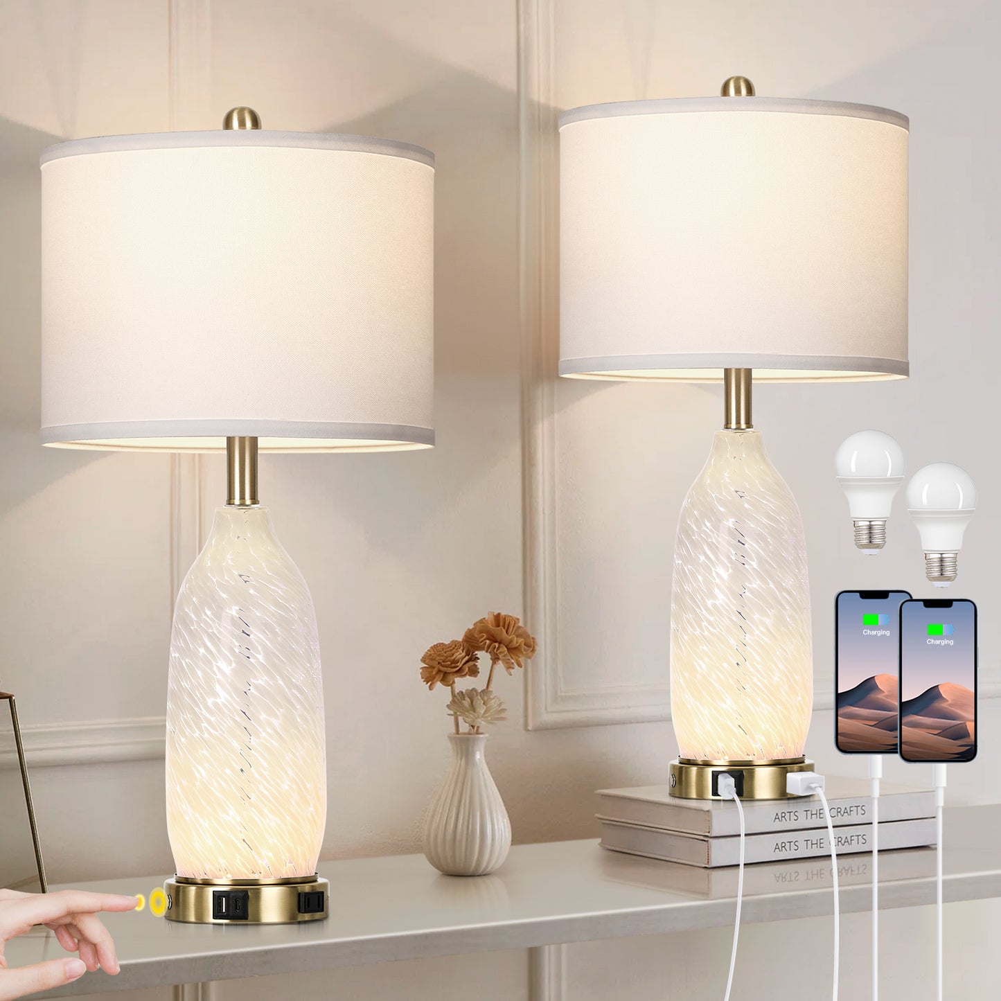 Cinkeda Vintage Style Table Lamps Set of 2 for Living Room Bedroom, 25" Tall with Dual Lights (Knob & Touch), USB-C/A Ports & AC Outlet, White Shade