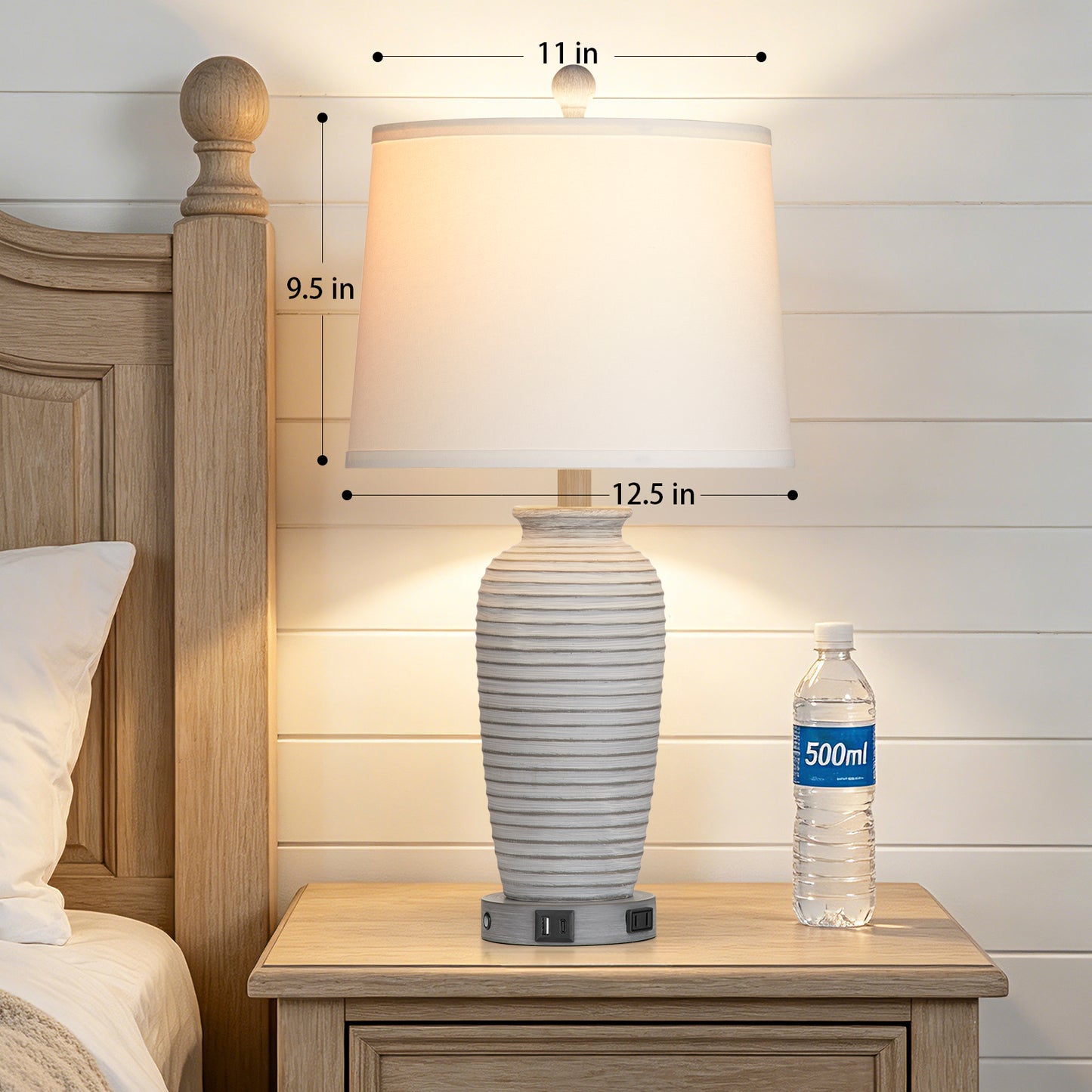 Cinkeda 25" Touch Control Table Lamp, Gray-White Resin Jar Body with White Linen Shade, USB-C & AC Outlet, 3-Level Dimmable, Dimmable LED Bulb Included for Bedroom