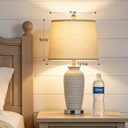 Cinkeda 25" Touch Control Table Lamp, Light Gray Resin Jar Body with Oatmeal Linen Shade, USB-C & AC Outlet, 3-Level Dimmable, Dimmable LED Bulb Included for Bedroom