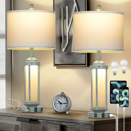 2-in-1 Blue Metal Nightlight Table Lamp featuring Roman Pillar and equipped with USB Type-C Charging Ports and AC Outlet (Set of 2)