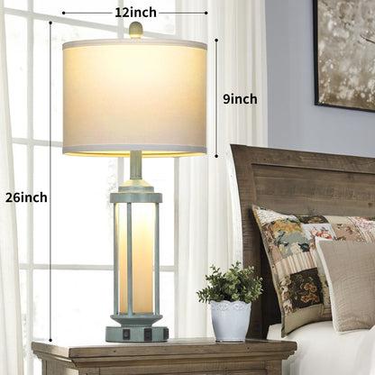 2-in-1 Blue Metal Nightlight Table Lamp featuring Roman Pillar and equipped with USB Type-C Charging Ports and AC Outlet (Set of 2)