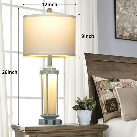 2-in-1 Blue Metal Nightlight Table Lamp featuring Roman Pillar and equipped with USB Type-C Charging Ports and AC Outlet (Set of 2)