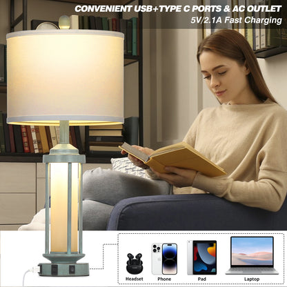 2-in-1 Blue Metal Nightlight Table Lamp featuring Roman Pillar and equipped with USB Type-C Charging Ports and AC Outlet (Set of 2)