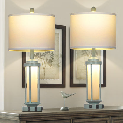 2-in-1 Blue Metal Nightlight Table Lamp featuring Roman Pillar and equipped with USB Type-C Charging Ports and AC Outlet (Set of 2)