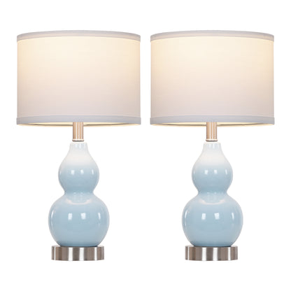 22" Gourd-Shaped Blue Ceramic Table Lamp, E26 Base, 9W 3000K LED Bulb Included, Linen Shade(Set of 2)