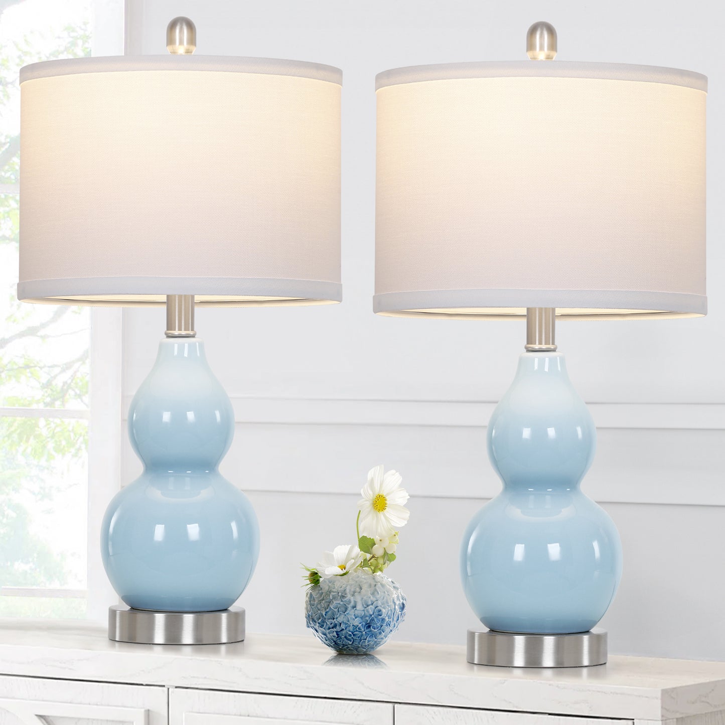22" Gourd-Shaped Blue Ceramic Table Lamp, E26 Base, 9W 3000K LED Bulb Included, Linen Shade(Set of 2)