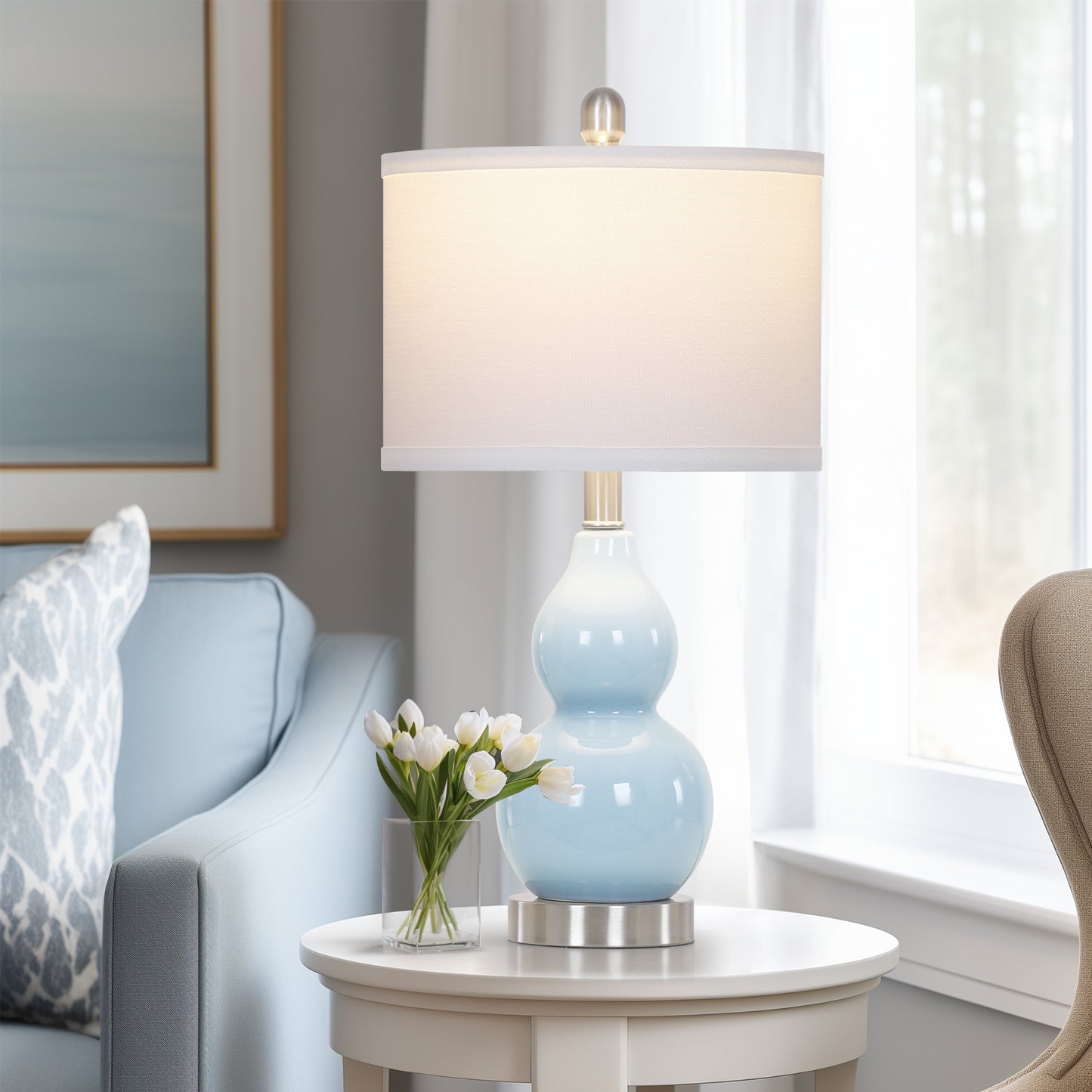 22" Gourd-Shaped Blue Ceramic Table Lamp, E26 Base, 9W 3000K LED Bulb Included, Linen Shade(Set of 2)