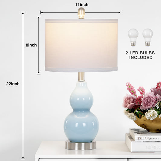 22" Gourd-Shaped Blue Ceramic Table Lamp, E26 Base, 9W 3000K LED Bulb Included, Linen Shade(Set of 2)