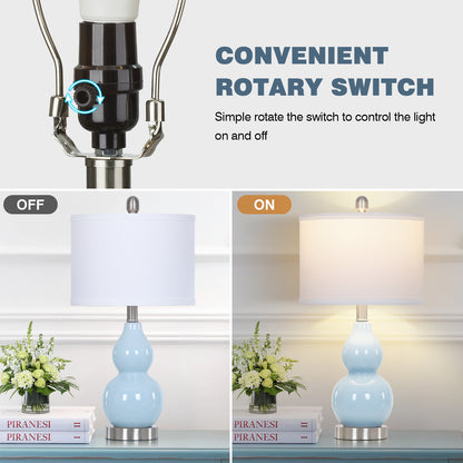 22" Gourd-Shaped Blue Ceramic Table Lamp, E26 Base, 9W 3000K LED Bulb Included, Linen Shade(Set of 2)