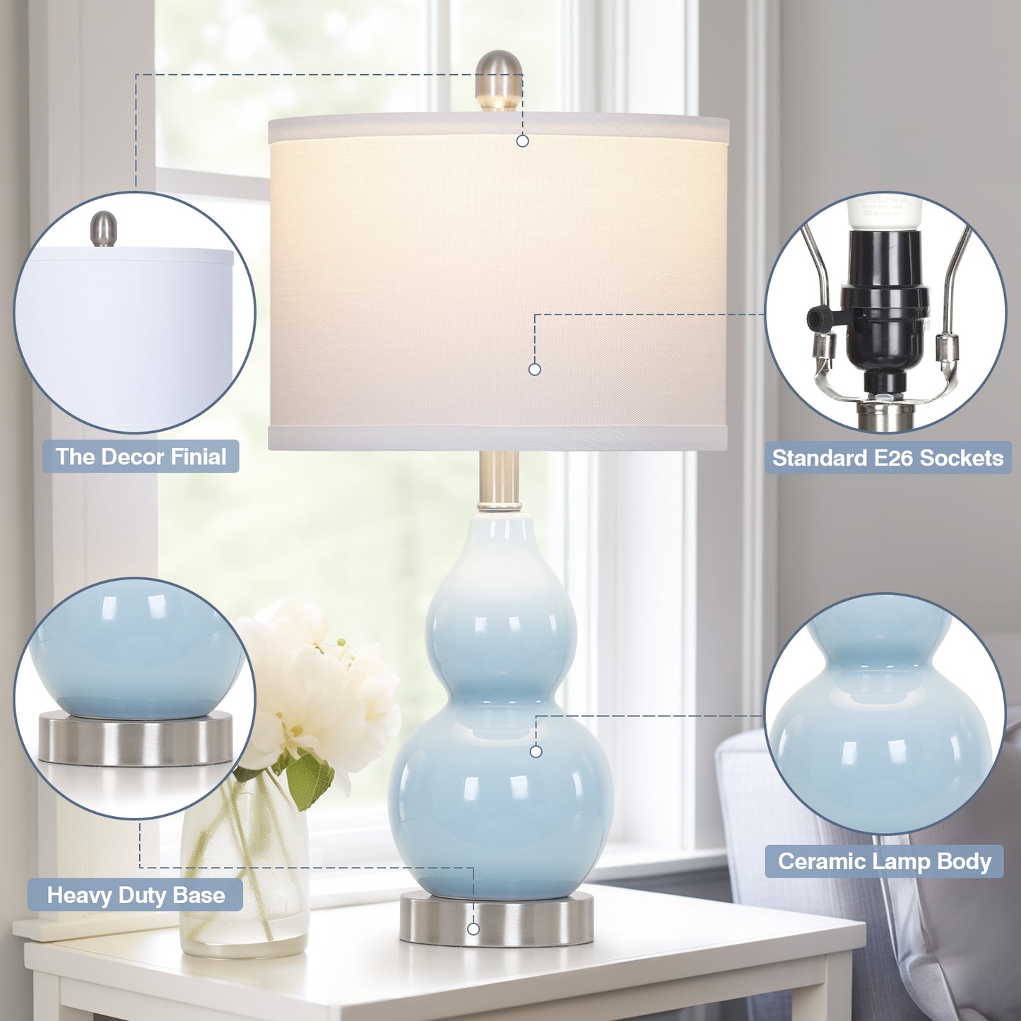 22" Gourd-Shaped Blue Ceramic Table Lamp, E26 Base, 9W 3000K LED Bulb Included, Linen Shade(Set of 2)