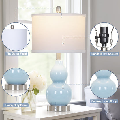 22" Gourd-Shaped Blue Ceramic Table Lamp, E26 Base, 9W 3000K LED Bulb Included, Linen Shade(Set of 2)