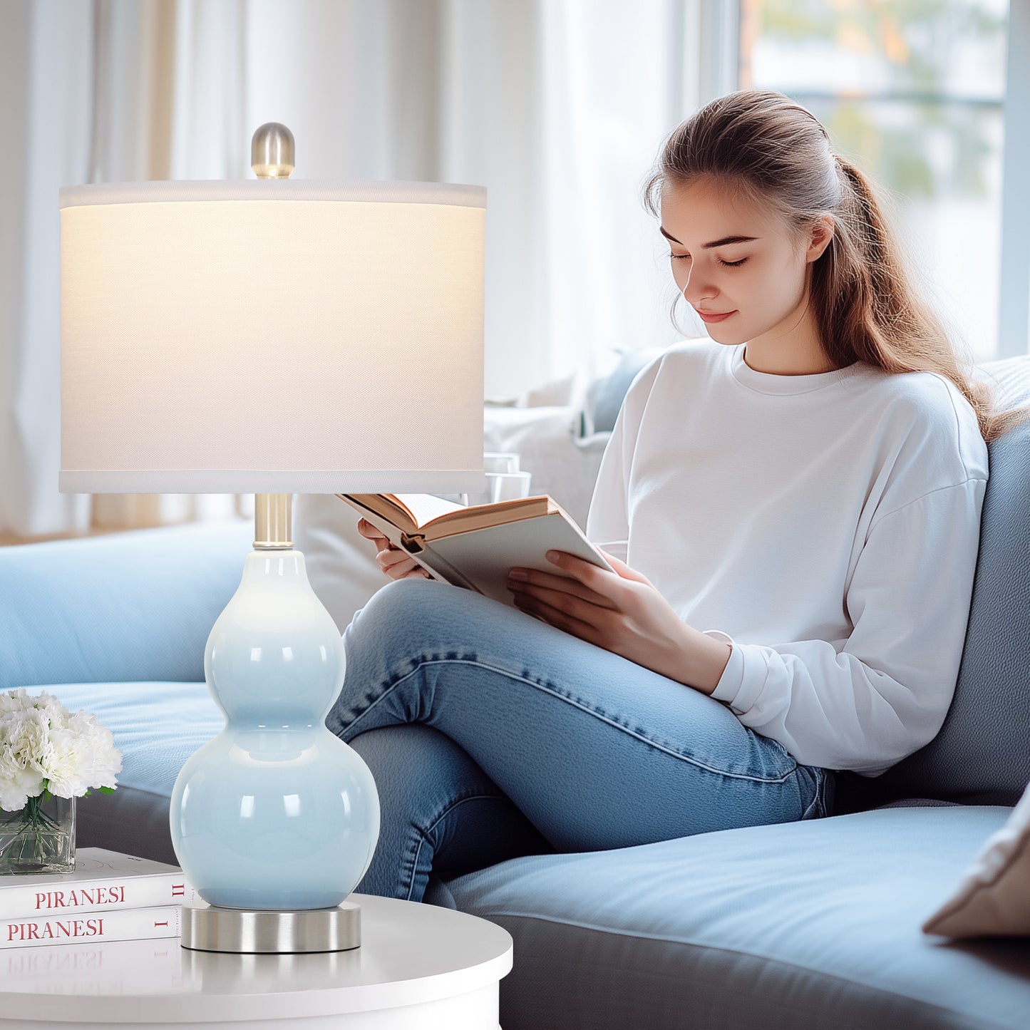 22" Gourd-Shaped Blue Ceramic Table Lamp, E26 Base, 9W 3000K LED Bulb Included, Linen Shade(Set of 2)