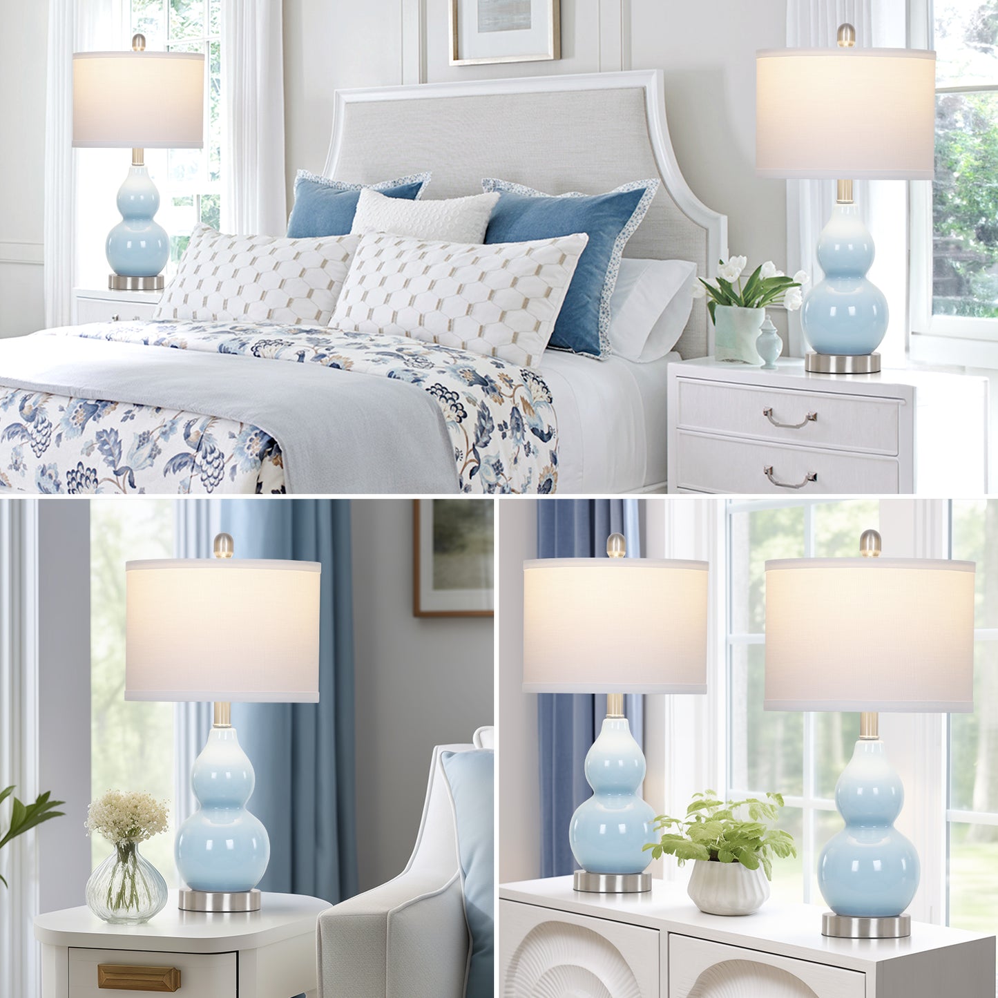 22" Gourd-Shaped Blue Ceramic Table Lamp, E26 Base, 9W 3000K LED Bulb Included, Linen Shade(Set of 2)