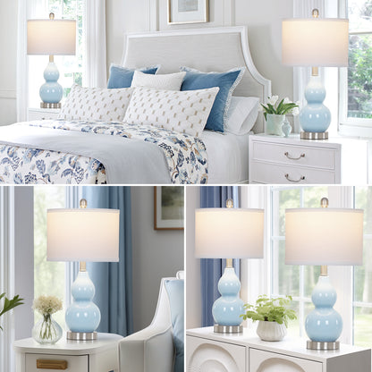 22" Gourd-Shaped Blue Ceramic Table Lamp, E26 Base, 9W 3000K LED Bulb Included, Linen Shade(Set of 2)