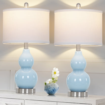 22" Gourd-Shaped Blue Ceramic Table Lamp, E26 Base, 9W 3000K LED Bulb Included, Linen Shade(Set of 2)