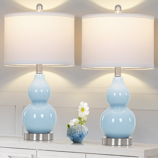 22" Gourd-Shaped Blue Ceramic Table Lamp, E26 Base, 9W 3000K LED Bulb Included, Linen Shade(Set of 2)