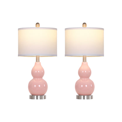 22'' Pink Gourd Ceramic Table Lamp Set (2-Pack) White Linen Shade, E26 LED Bulb Silver Harp & Base