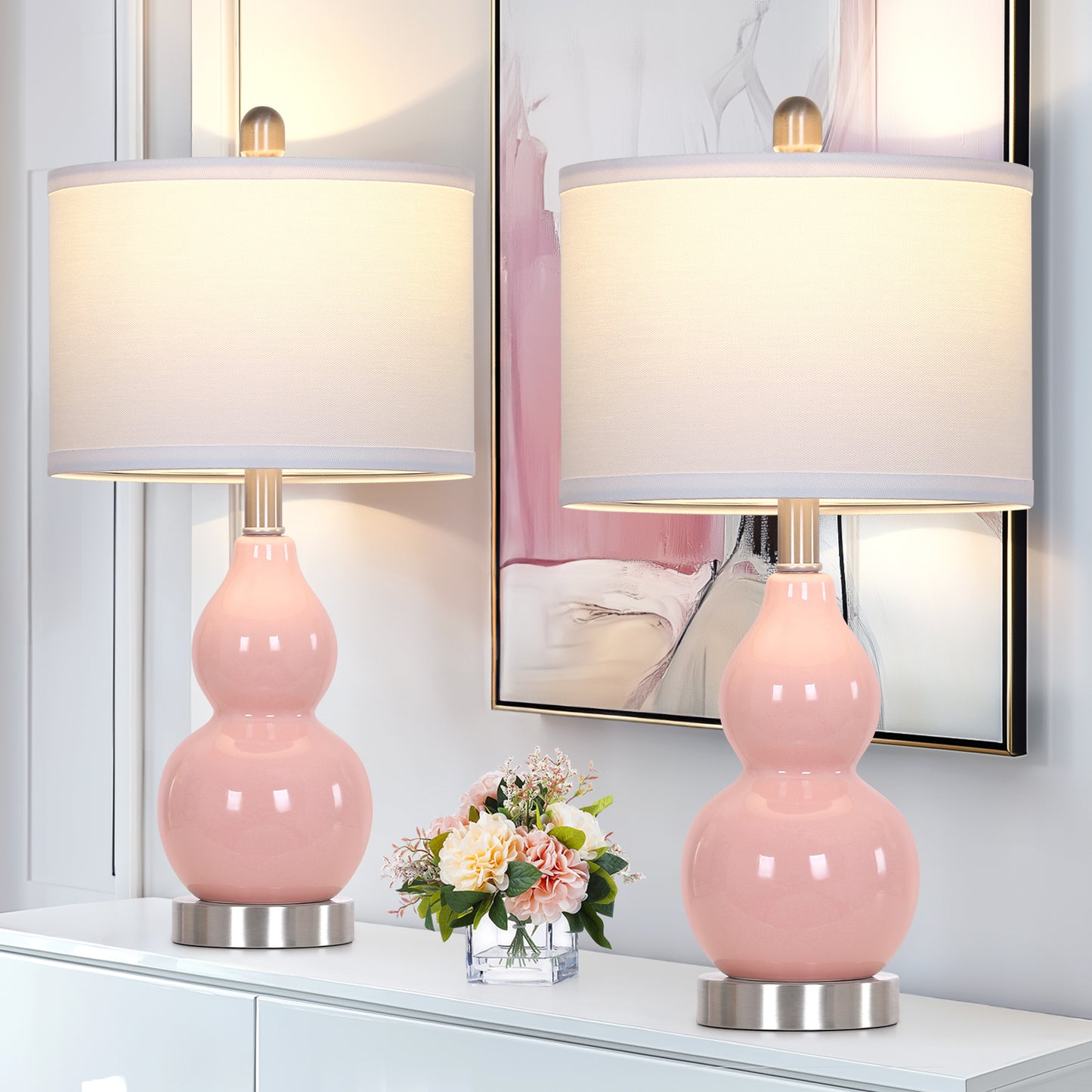 22'' Pink Gourd Ceramic Table Lamp Set (2-Pack) White Linen Shade, E26 LED Bulb Silver Harp & Base