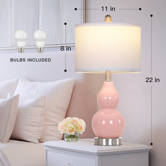 22'' Pink Gourd Ceramic Table Lamp Set (2-Pack) White Linen Shade, E26 LED Bulb Silver Harp & Base