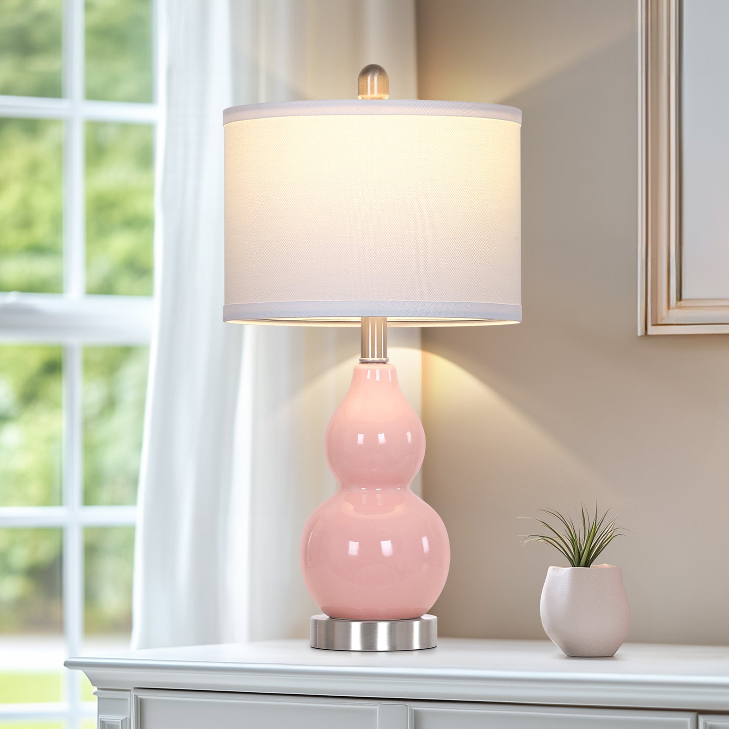 22'' Pink Gourd Ceramic Table Lamp Set (2-Pack) White Linen Shade, E26 LED Bulb Silver Harp & Base