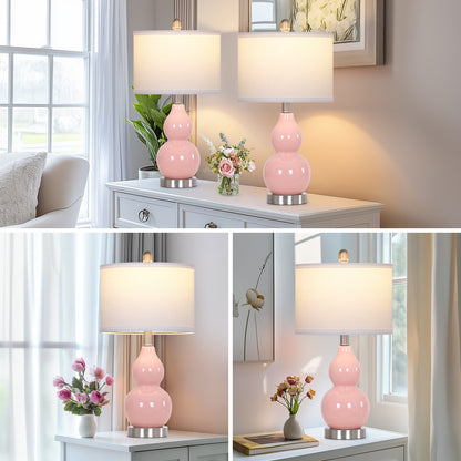 22'' Pink Gourd Ceramic Table Lamp Set (2-Pack) White Linen Shade, E26 LED Bulb Silver Harp & Base