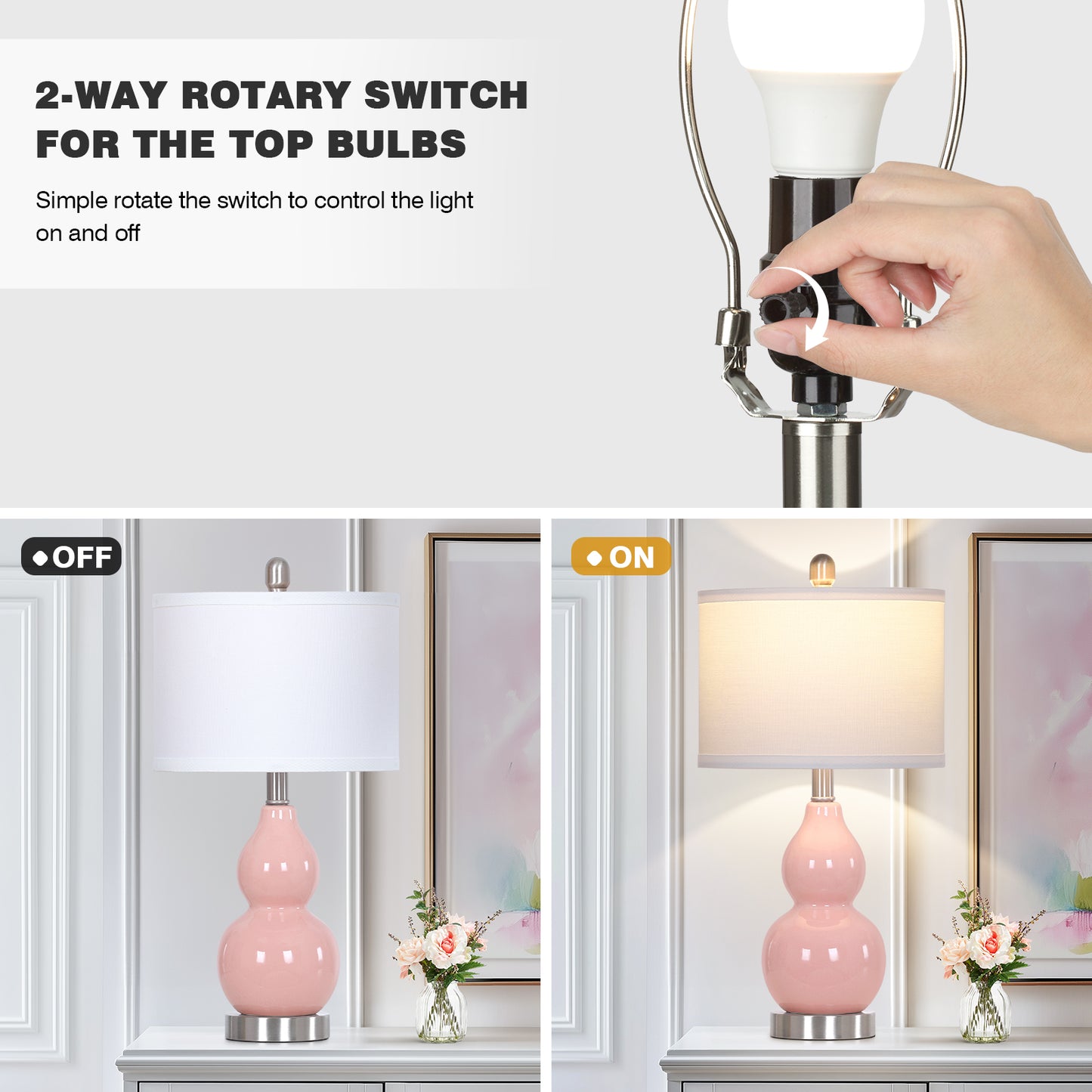 22'' Pink Gourd Ceramic Table Lamp Set (2-Pack) White Linen Shade, E26 LED Bulb Silver Harp & Base