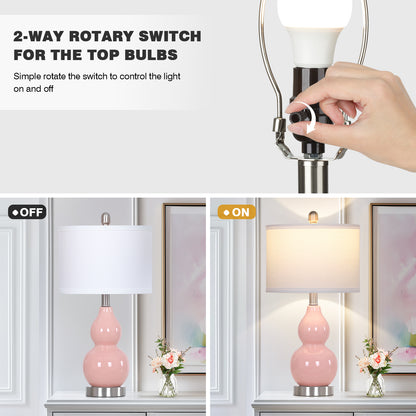 22'' Pink Gourd Ceramic Table Lamp Set (2-Pack) White Linen Shade, E26 LED Bulb Silver Harp & Base