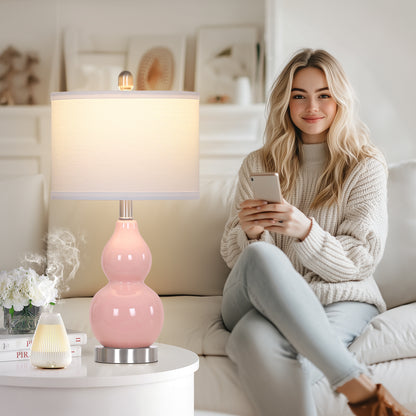 22'' Pink Gourd Ceramic Table Lamp Set (2-Pack) White Linen Shade, E26 LED Bulb Silver Harp & Base
