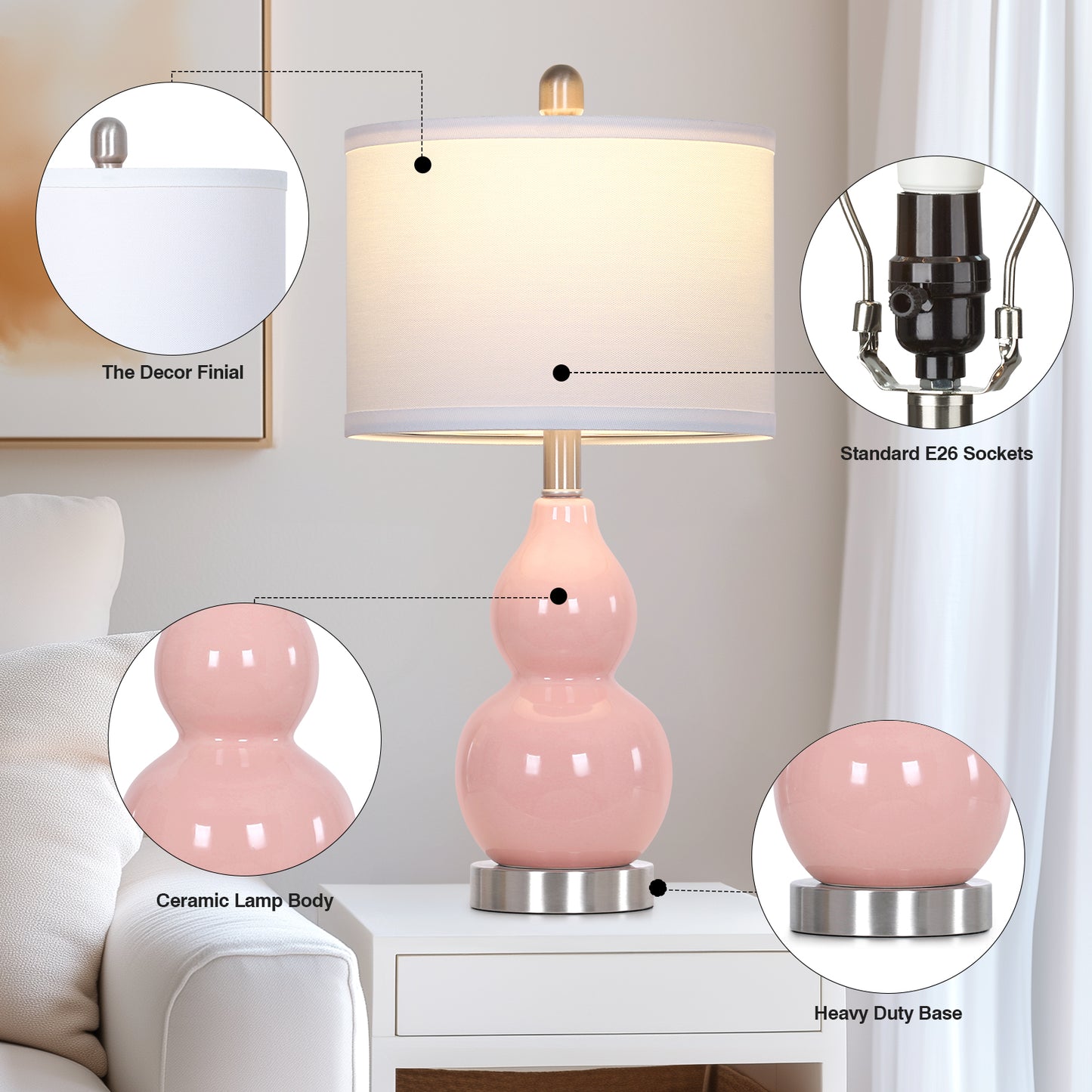 22'' Pink Gourd Ceramic Table Lamp Set (2-Pack) White Linen Shade, E26 LED Bulb Silver Harp & Base