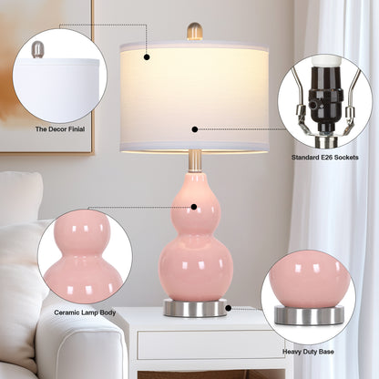 22'' Pink Gourd Ceramic Table Lamp Set (2-Pack) White Linen Shade, E26 LED Bulb Silver Harp & Base